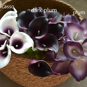 Set of 9 Plum Calla Lilies, Picasso Calla Lilies, Real Touch Flowers, DIY Wedding Bouquets, Centerpieces, Boutonnieres,