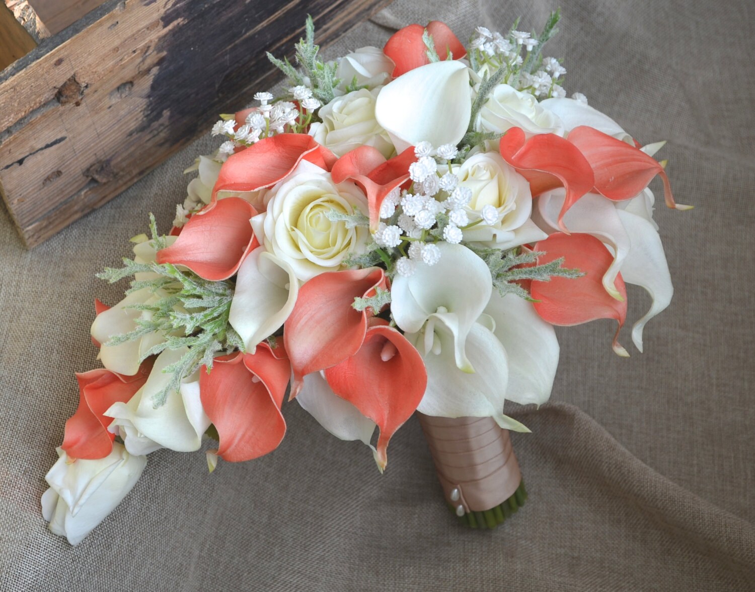 coral roses Wedding Flowers Brides & Bridesmaid bouquets ivory lillies