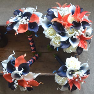 Coral Navy Wedding Package--Bridal Bouquets Bridesmaids Bouquets Boutonnieres Real Touch Coral Navy Picasso Calla Lilies White Roses