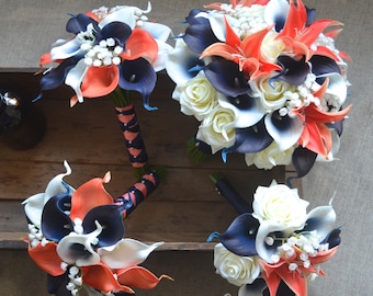 Coral Navy Wedding Bouquet Set: Real Touch Calla Lilies, Roses