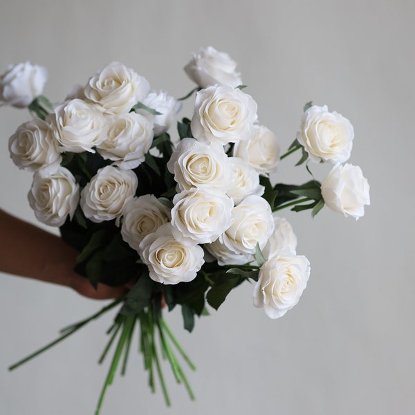 17" Morandi White Real Touch Roses, Aritificial Flowers, DIY Florals | Wedding/Home Decoration | Gifts For Her, DIY Bouquets/Centerpieces