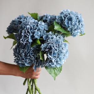 Op de afbeelding: Een boeket blauwe hortensia's met groene bladeren.