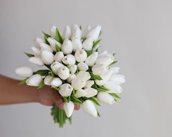 Real Touch Cream White Mini Tulips-12 heads, Artificial Flowers, DIY Silk Bridal Bouquets/ Centerpieces/ Home/Kitchen Decorations, Her Gifts