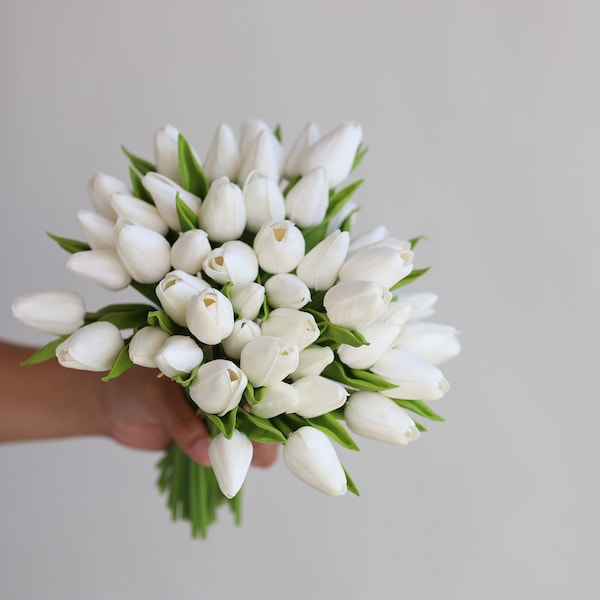 Real Touch Cream White Mini Tulips-12 heads, Artificial Flowers, DIY Silk Bridal Bouquets/ Centerpieces/ Home/Kitchen Decorations, Her Gifts