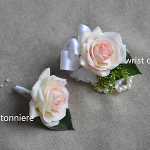 Peach Pink Boutonnieres, Blush Pink Wrist corsages, Wedding Boutonniere Corsages, Real Touch Roses