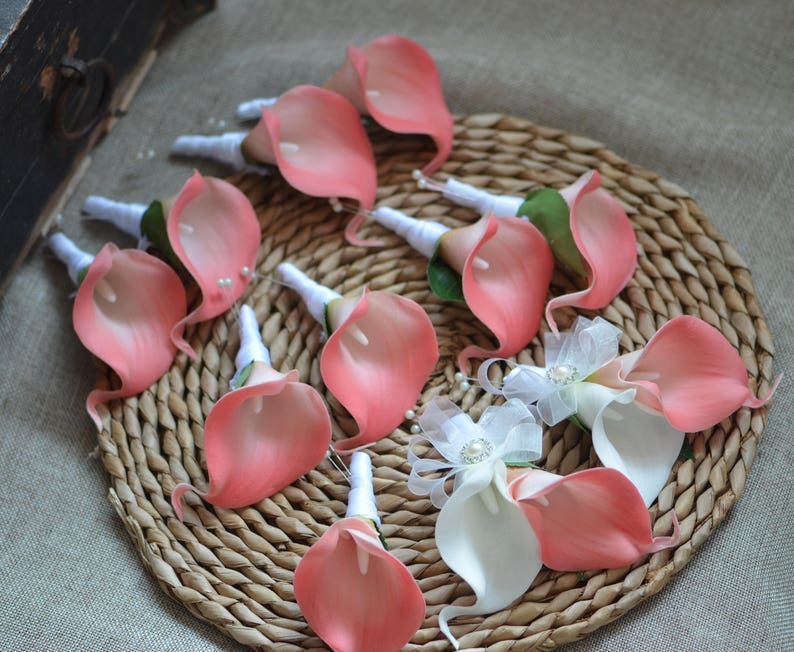 Coral Bridal Bouquets Coral Calla Lilies Ivory Callas Real Touch flowers Wedding Bridesmaids Bouquets Boutonnieres