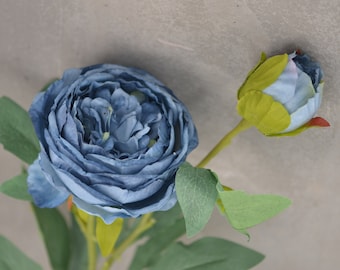 25.5" Tall, Dusty Blue Dried Look Artificial Peonies, Faux Blue Cabbage Roses in Boho Blue, Wedding Home Decor, Gift For Her