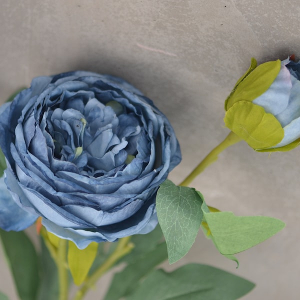 25.5" Tall, Dusty Blue Dried Look Artificial Peonies, Faux Blue Cabbage Roses in Boho Blue, Wedding Home Decor, Gift For Her