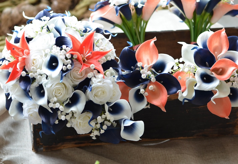 Coral Navy Wedding Bridal Bouquets, Bridesmaids Bouquets, Boutonnieres, Real Touch Coral Navy Picasso Calla Lilies, White Roses, Tiger Lily image 2