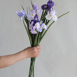 May include: A bouquet of purple, white and blue iris flowers with green stems.