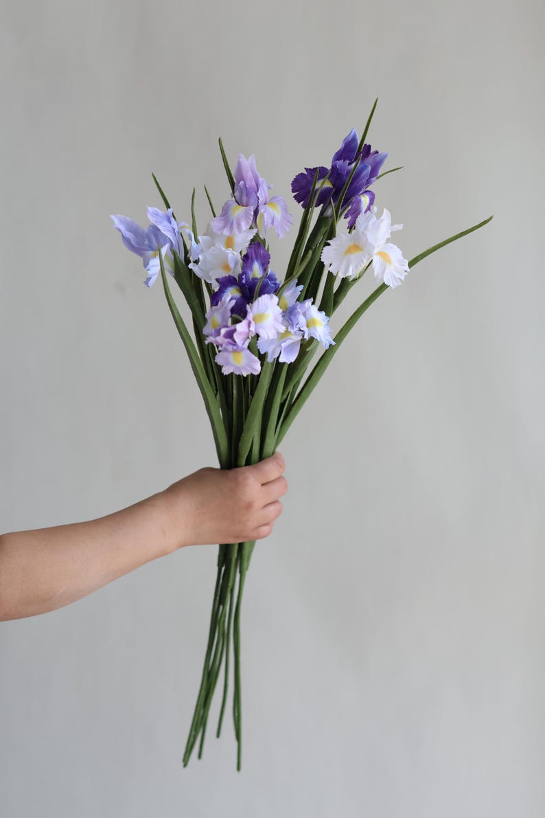 May include: A bouquet of purple, white and blue iris flowers with green stems.