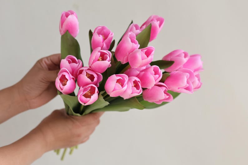May include: A bouquet of pink tulips with green stems and leaves.