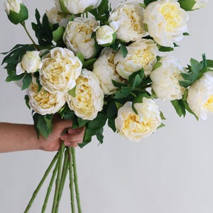 Pu&ograve; includere: Un mazzo di peonie artificiali bianche con foglie e steli verdi.