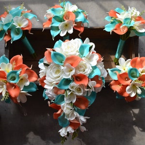 Coral Turquosie Wedding Bouquets, Real Touch Callas Lilies, Ivory White Plumerias, Beach Wedding Package, Boutonnieres