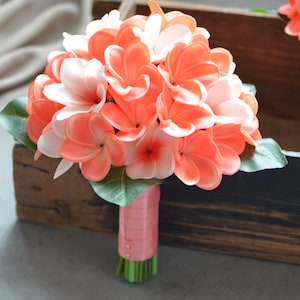 Coral Pink Plumerias Bridal Bouquets, Coral  Real Touch Plumerias, Wedding Bouquets, Bridesmaids Bouquets, Boutonnieres