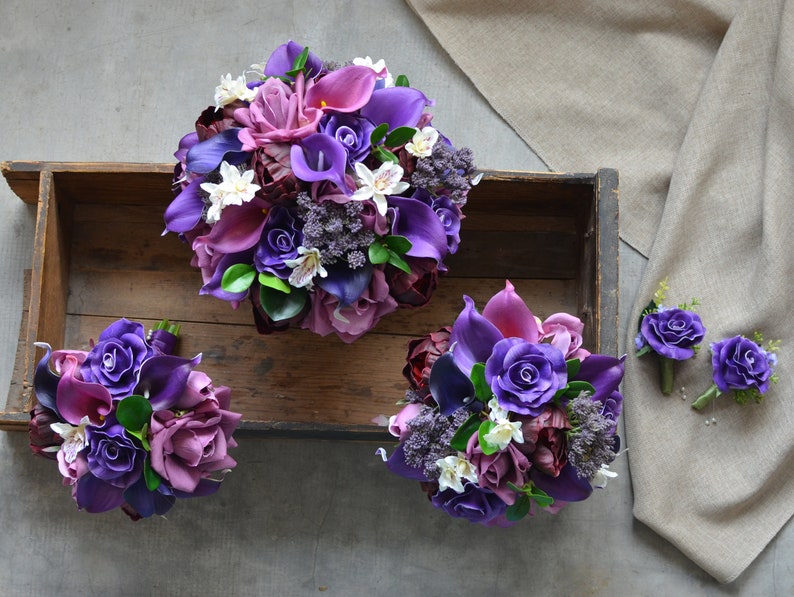 Burgundy Peonies Purple Bridal Bouquets Package Roses Real Touch Purple Callas Wedding Bouquets Package