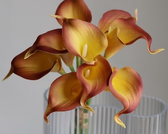 9 Autumn Orange Yellow Calla Lilies, Real Touch Artificial flower Stems