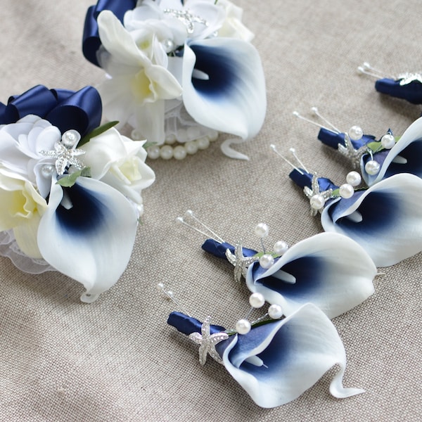 NavyBoutonnieres, Navy Corsages, Starfish Rhinestone, Real Touch calla Lily Boutonnieres, Prom Corsages, Mother's Wrist Corsage