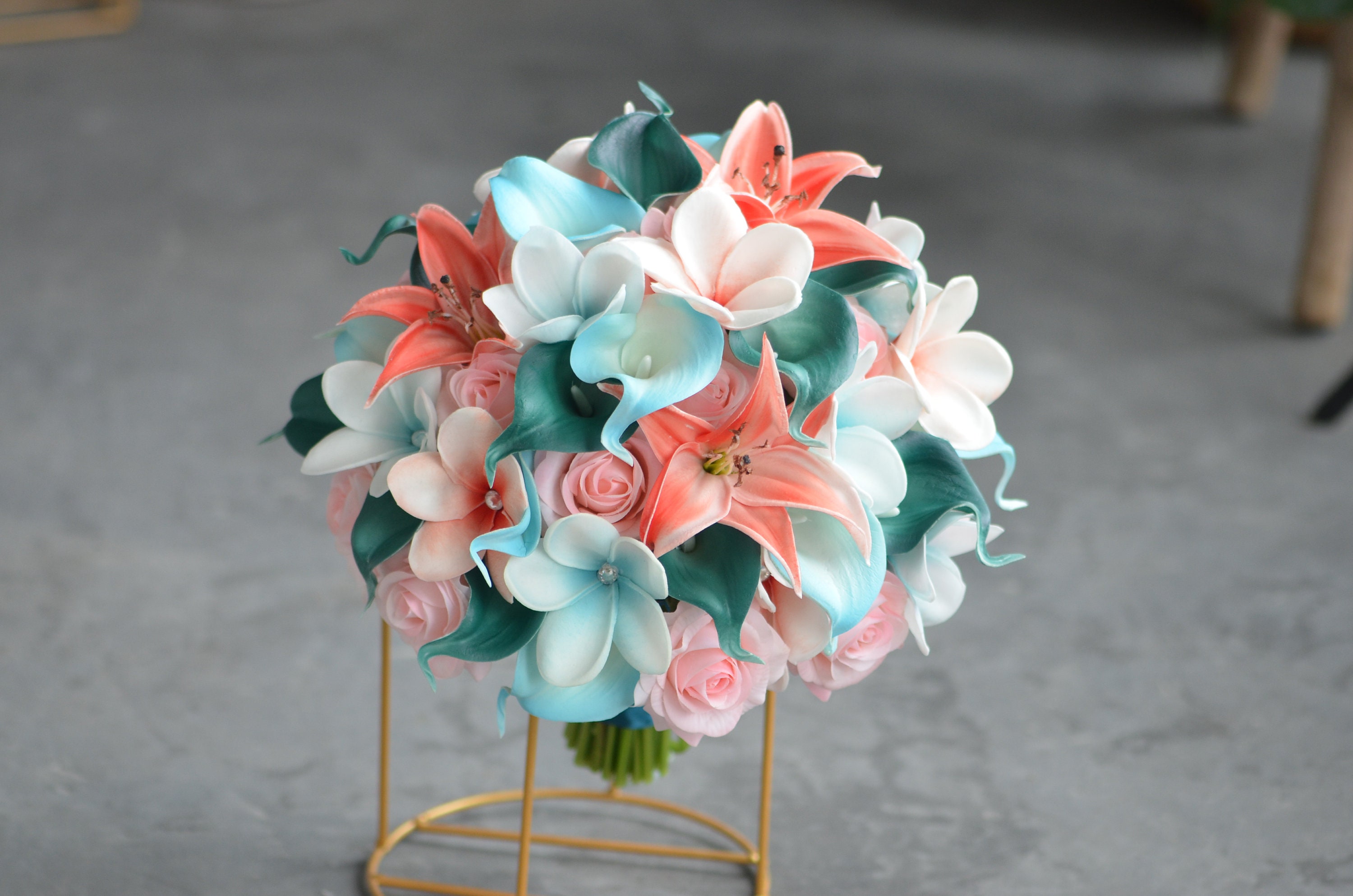 Peach Coral Royal Blue Rose Calla Lily Bridal Wedding Bouquet Accessor –  Bridal Wedding Bouquets