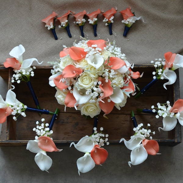 Rustic Coral Wedding Bouquets, Boutonnieres, Coral Ivory Real Touch Flowers, Calla lilies, Roses, Dusty Millers, baby's breath, Malaysia