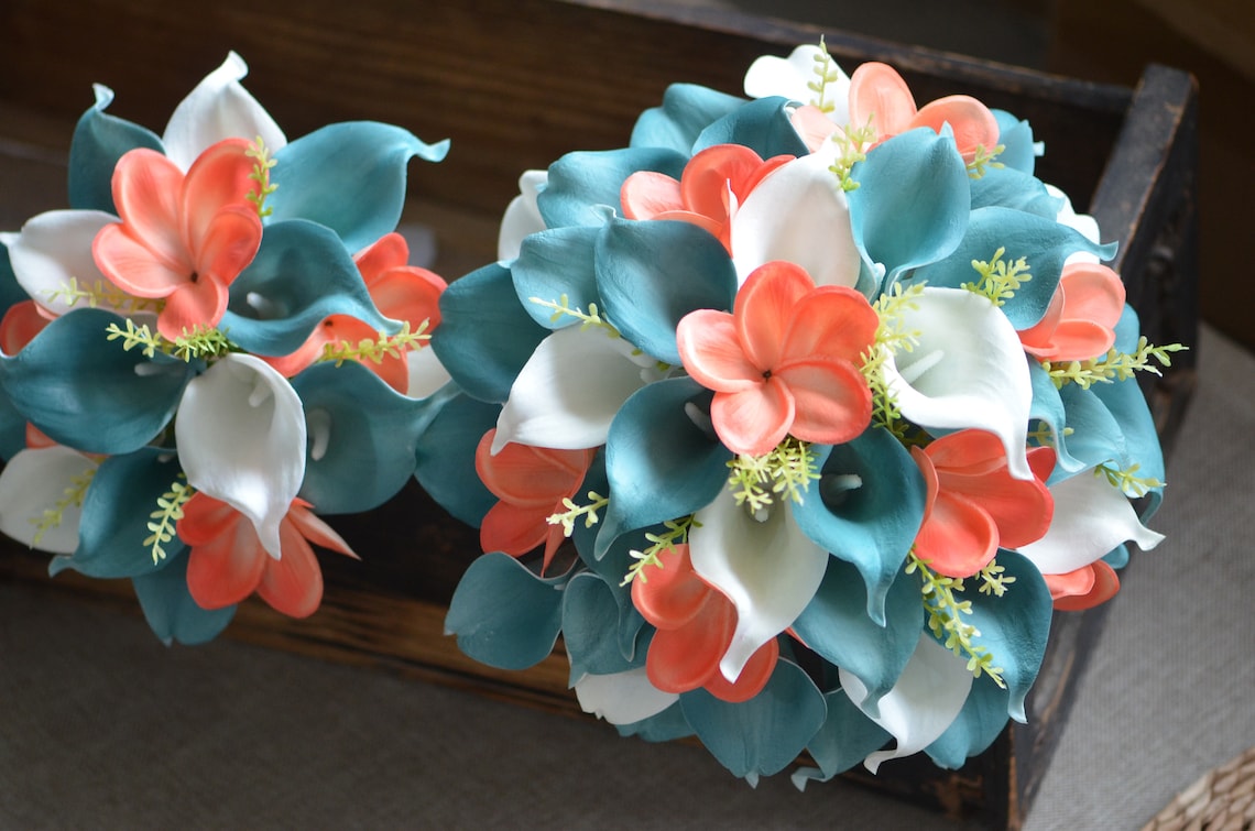 Teal Coral Wedding Bouquets Coral Plumerias Teal Blue Callas Etsy