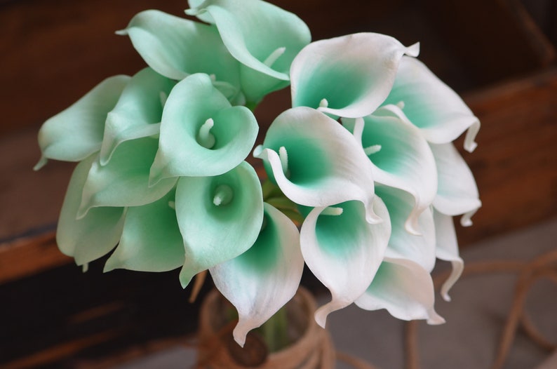 May include: A bouquet of artificial calla lilies in shades of white and light green. The flowers are arranged in a vase and are ready to add a touch of elegance to any room.