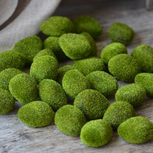 May include: A collection of moss-covered stones, each with a slightly different shape and size. The stones are a vibrant green colour and are arranged on a wooden surface.