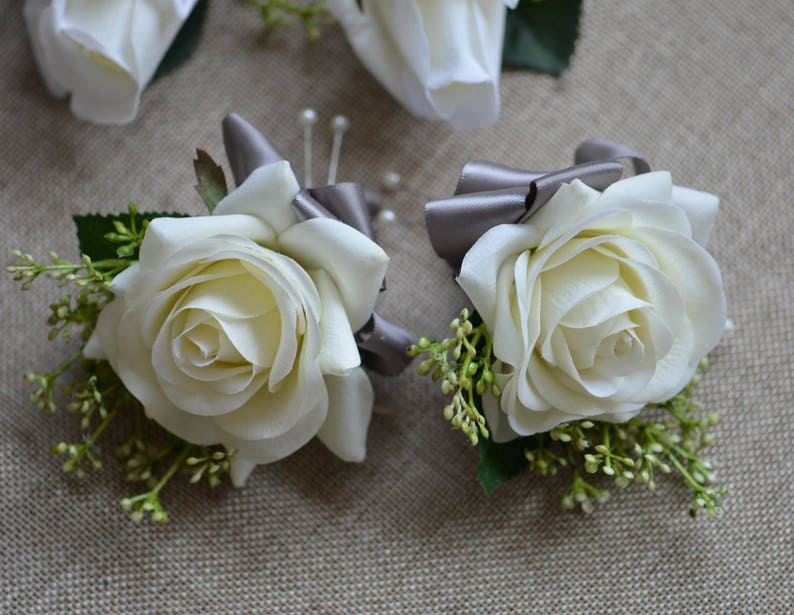 Ivory Rose Boutonnieres Real Touch Roses Corsages Grey Ribbons Mother Father Flowers Prom Corsage image 4