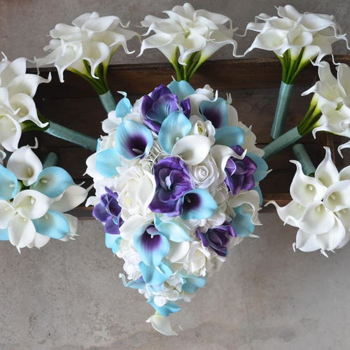 Blue Purple Orchids Calla Lilies Bridal Bouquets off White - Etsy