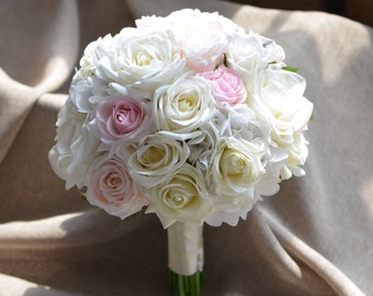 Blush Pink, Ivory White, Roses Bouquets, Real Touch Flowers, Real touch Roses, Hydrangeas