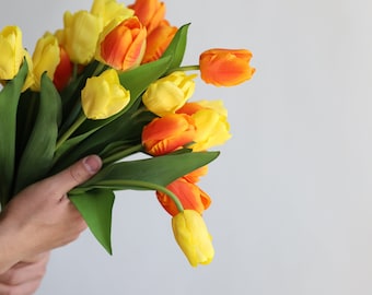 14" finto giallo arancione vero tocco tulipano fiori, fiori primaverili artificiali/fioriture, matrimonio/decorazione della casa, bouquet/centrotavola fai da te