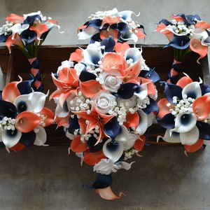 Navy Coral Bridal Bouquets, Bridesmaids, Navy Coral Boutonnieres, Real Touch Calla Lilies, Ivory Roses, Baby&#39;s Breath, Coral Tiger Lilies