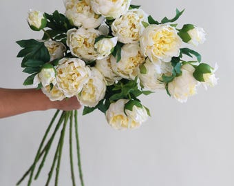 Krämgul Real Touch-pion: 84 cm konstgjord blomstjälk
