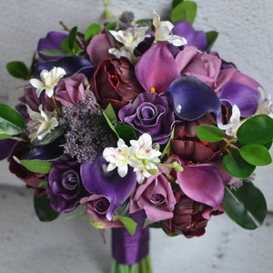 Purple Burgundy Bridal Bouquet Real Touch Purple Callas Roses - Etsy
