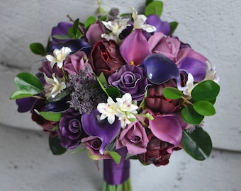 Purple Burgundy Real Touch Bridal Bouquet: Callas, Roses, Peonies