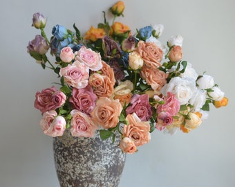 21" Fausses couleurs d'automne Roses séchées, branche de fleurs à 3 têtes, décorations vintage de mariage/maison/cuisine, cadeaux pour elle, fleurs/bouquets DIY