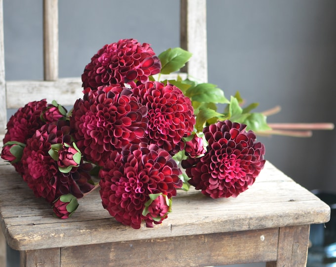 1 Dark Red Dahlia, Silk Flowers, Artificial Chrysanthemum, Burgundy