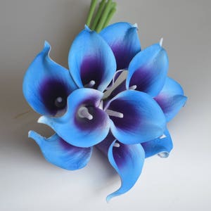 10 Royal Blue Purple Picasso Calla Lilies Real Touch Flowers DIY Silk Wedding Bouquets, Centerpieces, Wedding Decorations