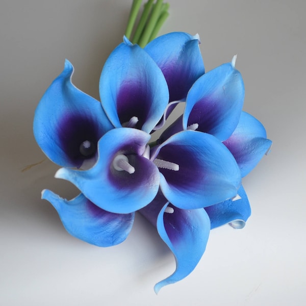 10 Royal Blau Lila Picasso Calla Lilien Real Touch Blumen DIY Silk Hochzeitssträuße, Mittelstücke, Hochzeitsdekorationen
