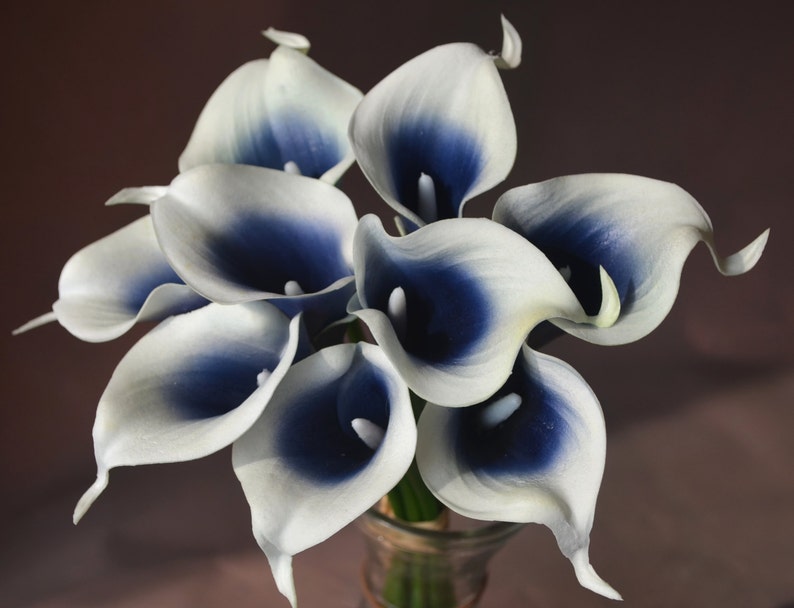 Dark Navy Picasso Calla Lilies Real Touch Flowers DIY Silk bridal Bouquets Wedding centerpieces image 3