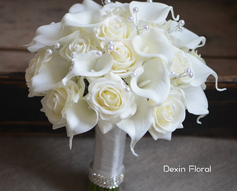 Ivory Bridal Bouquets Real Touch Roses Calla Lilies Wedding Etsy