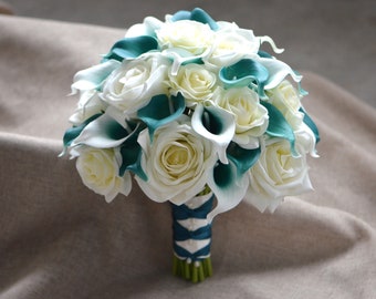 Teal Bridal Bouquet, Real Touch Calla Lilies, Ivory Roses, Artificial Flowers Wedding Bouquet, Faux Flowers Bouquet, Silk Bridal Bouquet