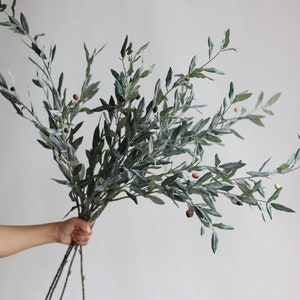 May include: A bunch of artificial olive branches with green leaves and small black and brown olives.