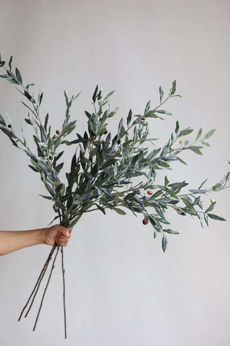 May include: A bunch of artificial olive branches with green leaves and small black and brown olives.