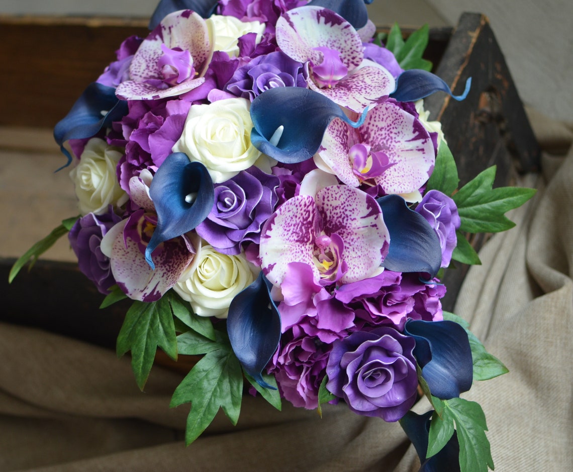 Purple Navy Cascade Bridal Bouquet Real Touch Purple Roses Etsy