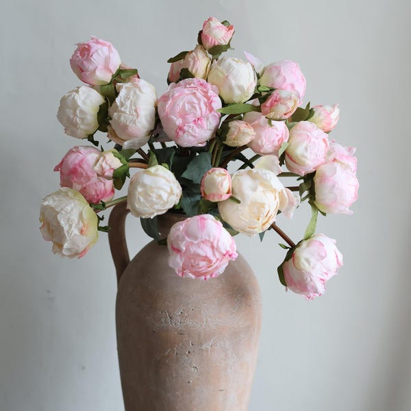 Artificial Peony Bundle: Ivory & Pink Faux Flowers, 9 Stems