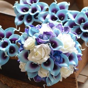 Blue Purple Orchids Calla Lilies Bridal Bouquets off White Roses Real ...