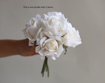 5 Stems Real Touch White Roses Bundle, Artificial Flowers,  DIY Florals | Wedding/Home/Kitchen Decoration | Gifts, DIY Bouquets/Centerpieces
