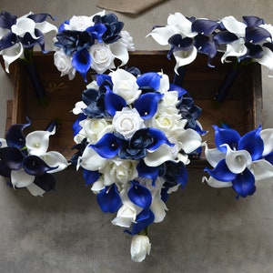 Dark Royal Blue Bridal Bouquet, Navy Wedding Bouquets, Real Touch Flowers Calla Lilies, Orchids, Roses