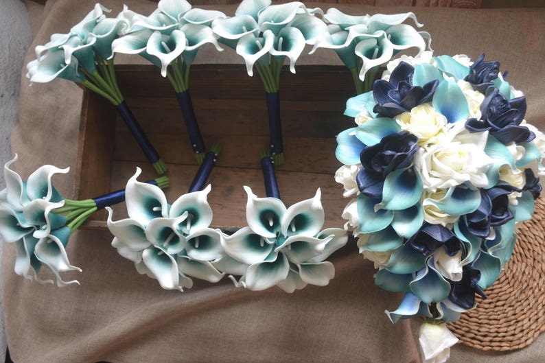 Teal Navy Wedding Bouquets Teal Picasso Calla Lilies Navy Orchids Bouquets Wedding Package
